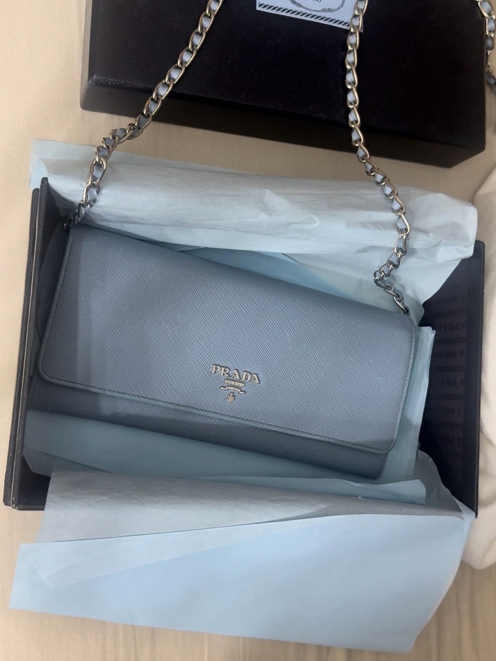 Prada Light Blue Saffiano Leather Chain Shoulder Bag